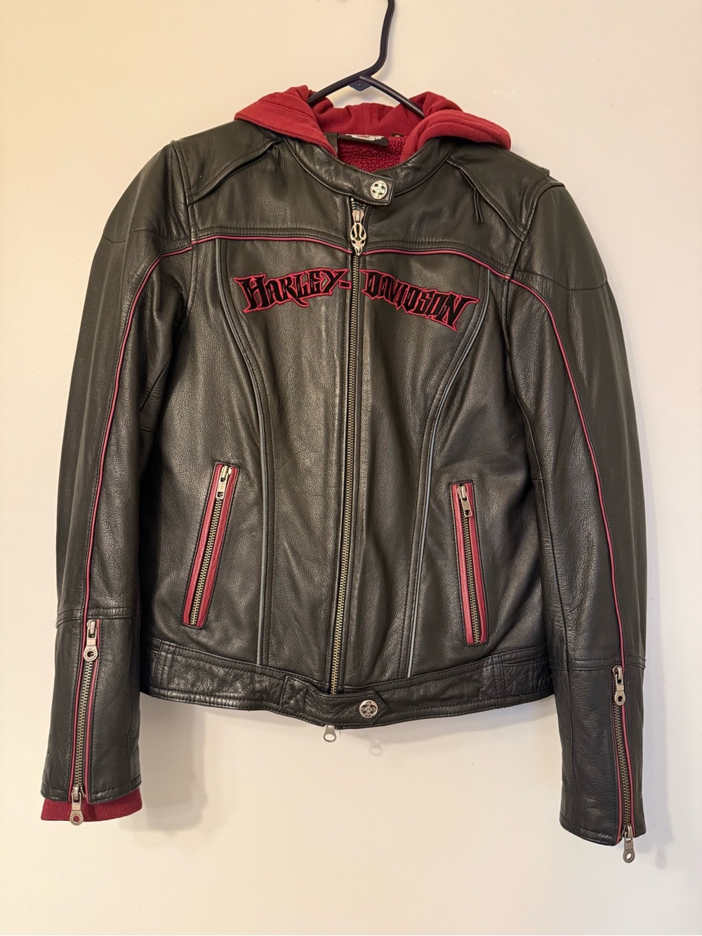 Harley-Davidson Women’s 3-in 1 Black Leather Jacket with Removable Hoodie Size S